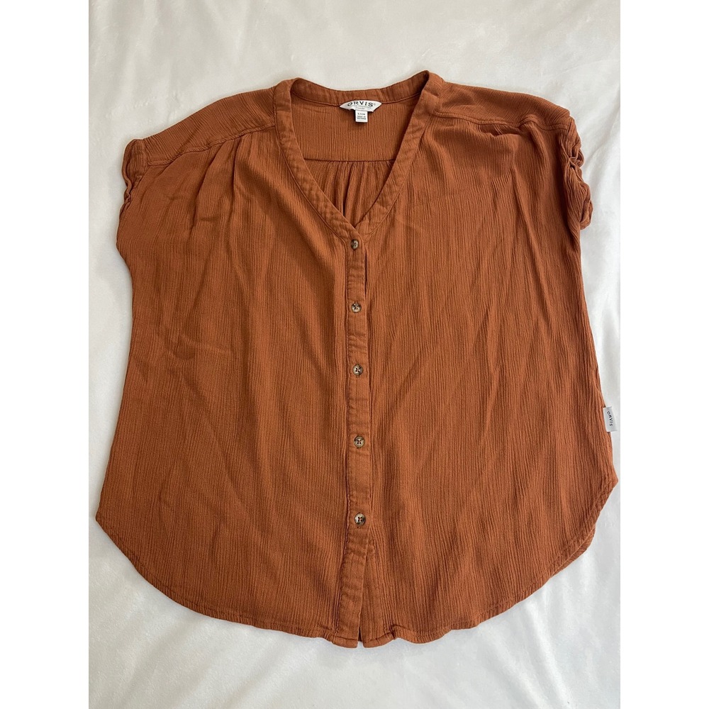 Orvis Classic Collection Rust Orange Crinkle Button Down Top Womens S Short Slv